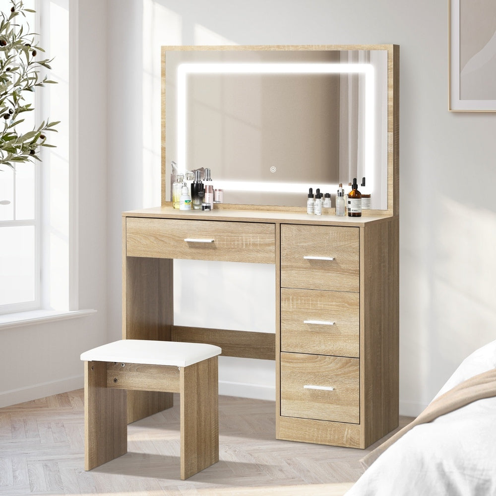 Dressing Table Stool Set Large Mirror LED Light Natural Oikiture