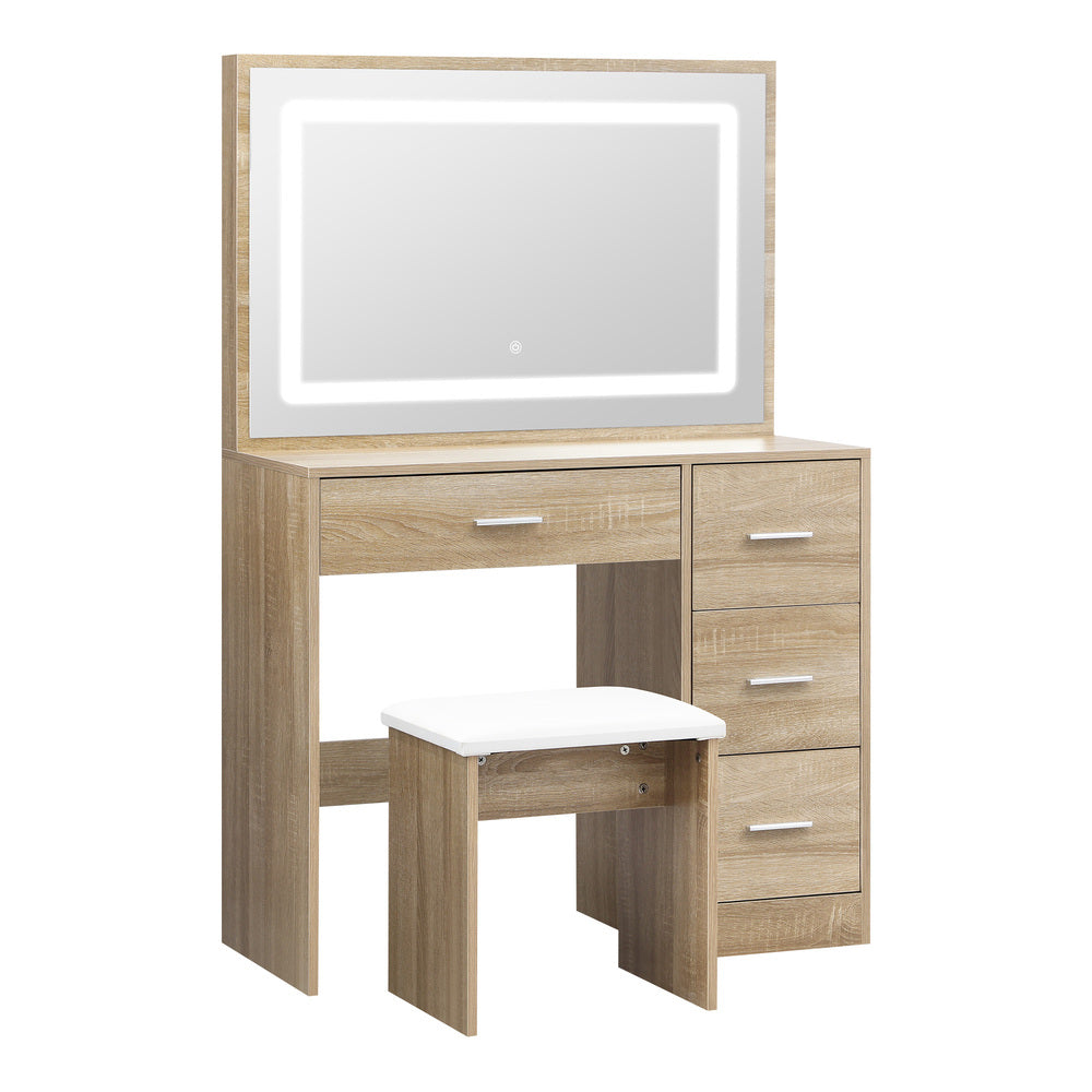 Dressing Table Stool Set Large Mirror LED Light Natural Oikiture
