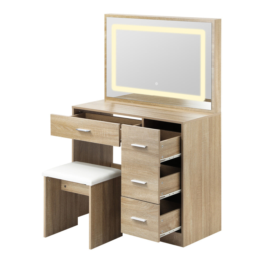 Dressing Table Stool Set Large Mirror LED Light Natural Oikiture