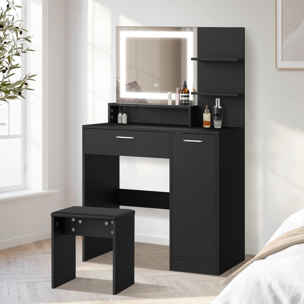 Dressing Table Stool Set LED Light Large Cabinet Black Oikiture