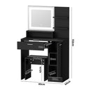 Dressing Table Stool Set LED Light Large Cabinet Black Oikiture