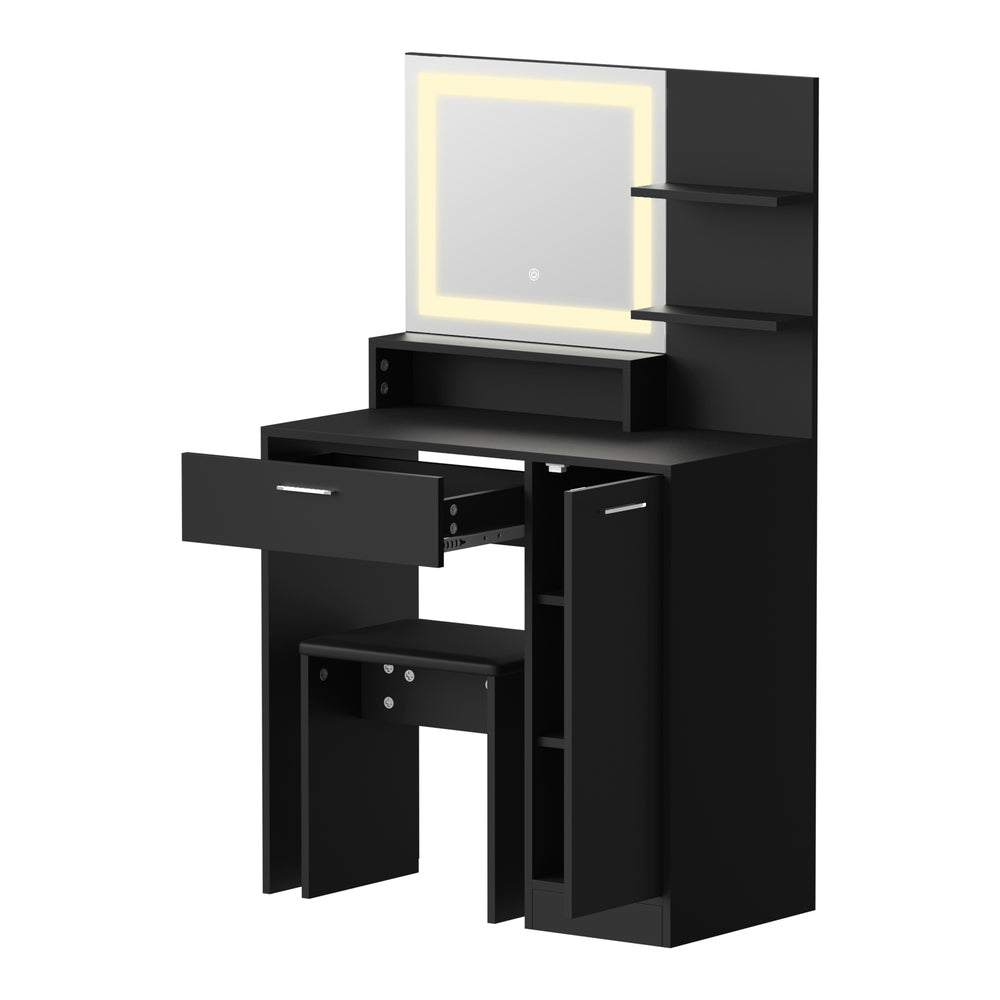 Dressing Table Stool Set LED Light Large Cabinet Black Oikiture