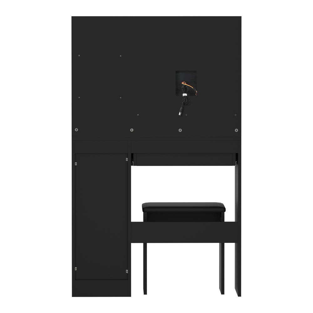 Dressing Table Stool Set LED Light Large Cabinet Black Oikiture
