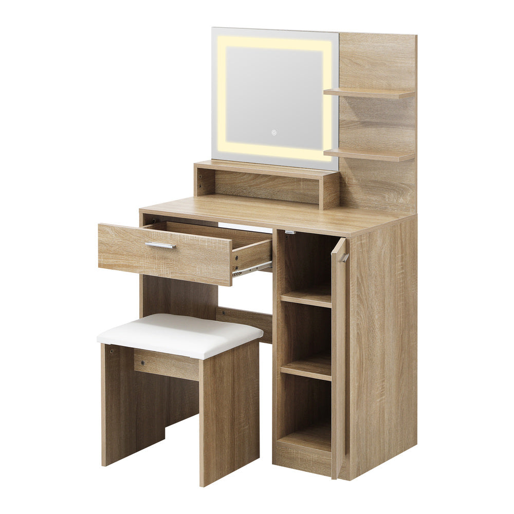 Dressing Table Stool Set LED Light Large Cabinet Natural Oikiture