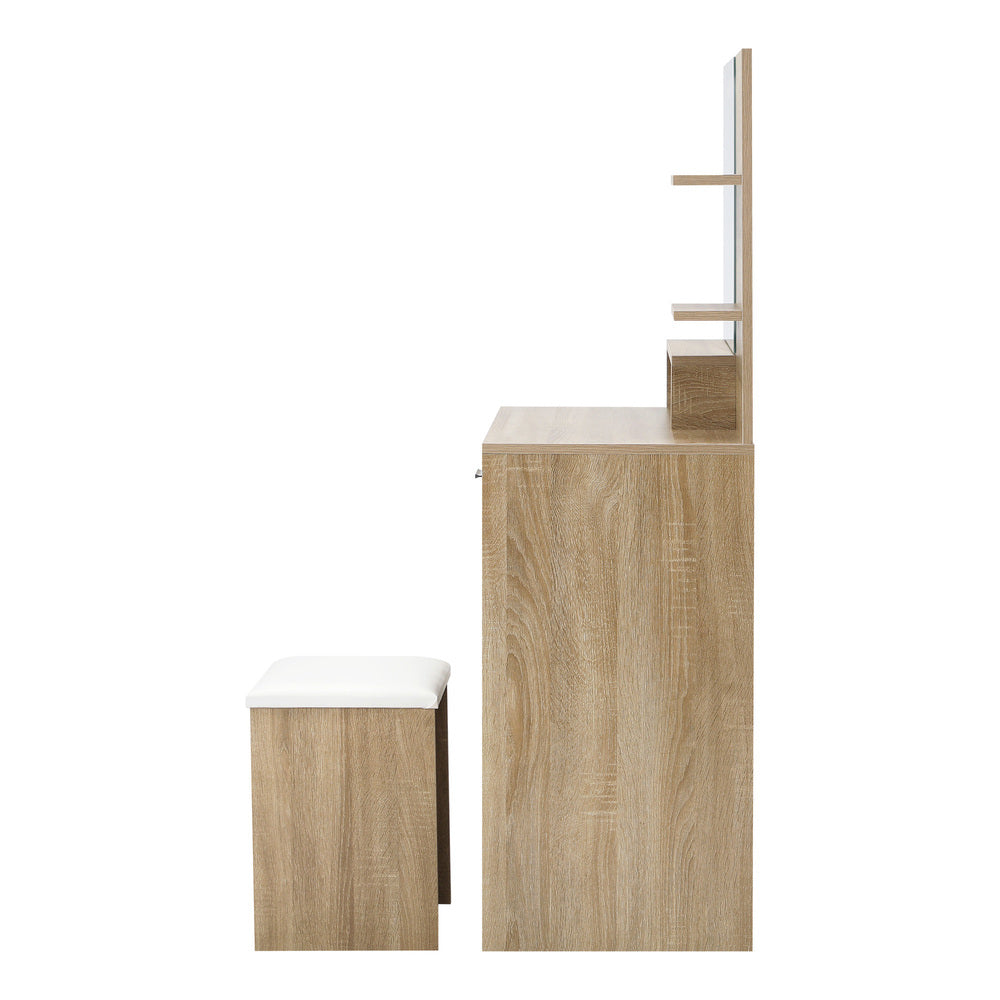 Dressing Table Stool Set LED Light Large Cabinet Natural Oikiture