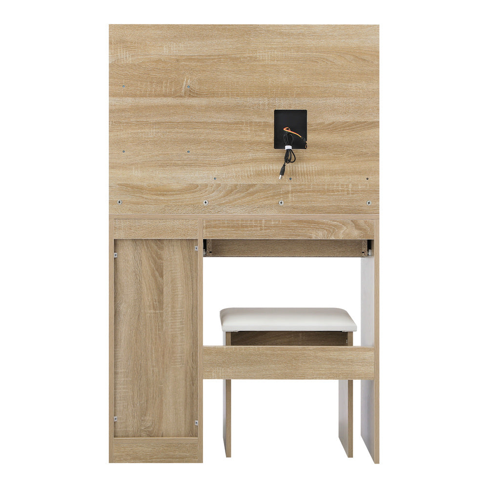 Dressing Table Stool Set LED Light Large Cabinet Natural Oikiture