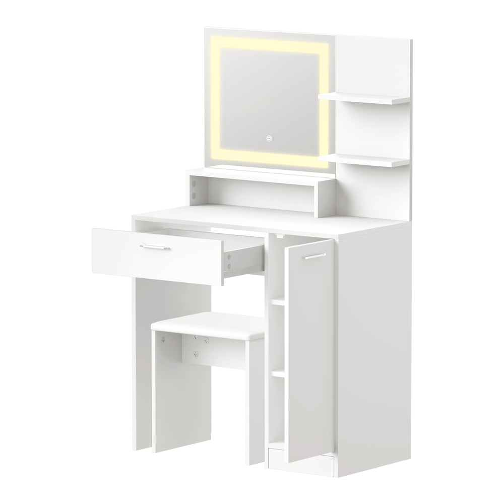 Dressing Table Stool Set LED Light Large Cabinet White Oikiture