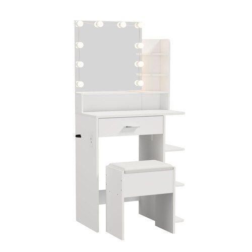 Oikiture Small Dressing Table Set LED Lights Makeup Mirror Desk White