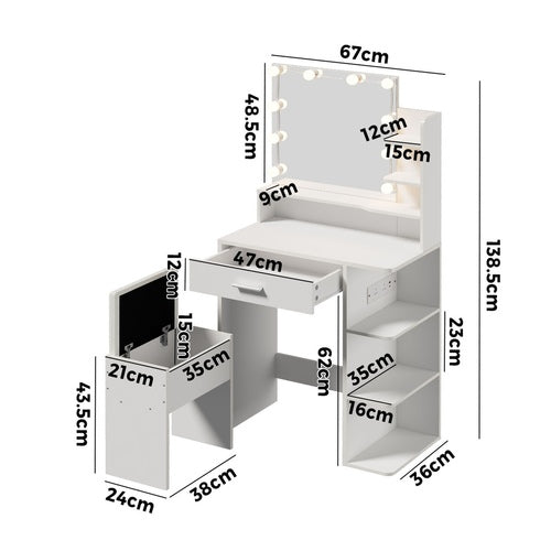 Oikiture Small Dressing Table Set LED Lights Makeup Mirror Desk White