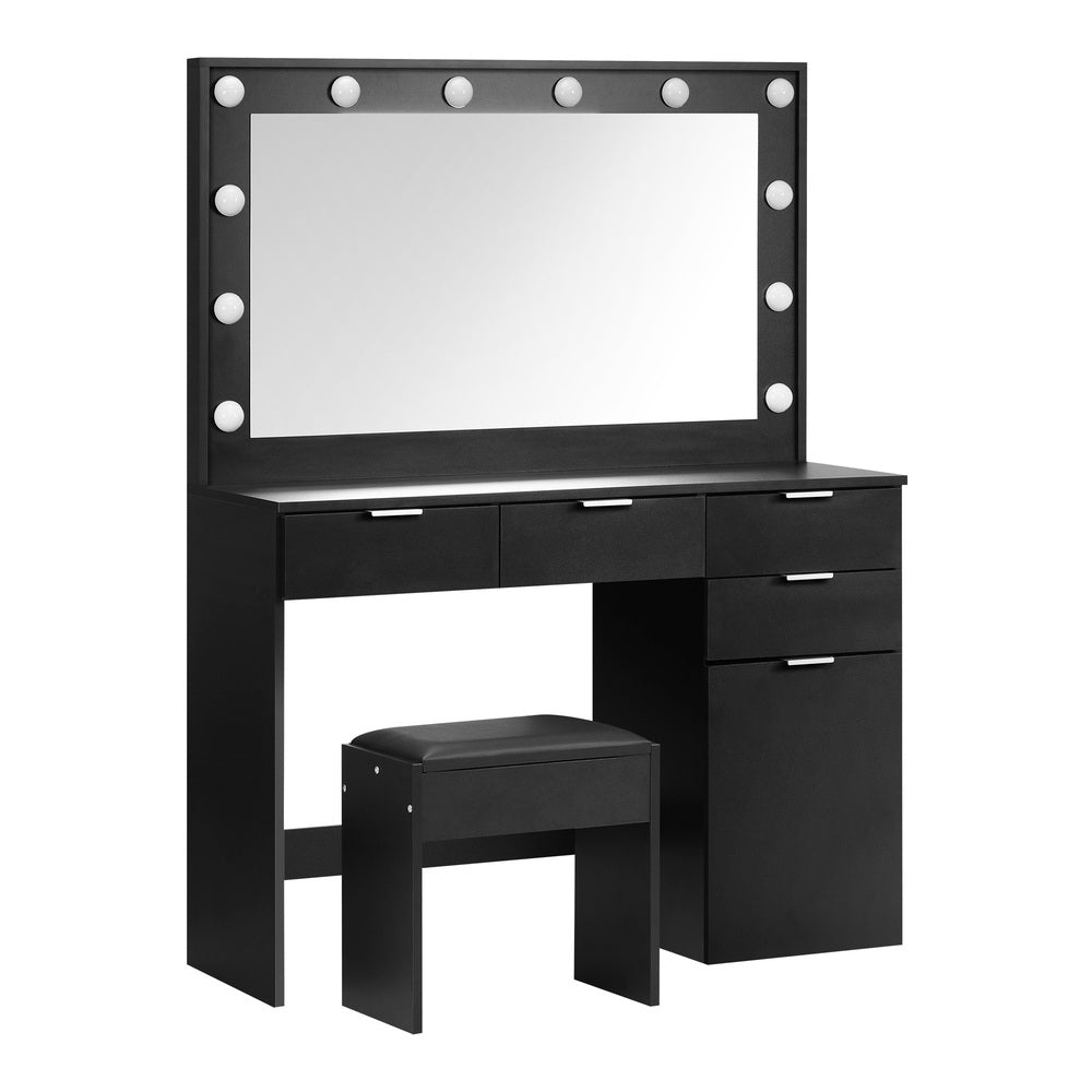 Dressing Table Stool Set Large Mirror 12 Bulbs Black