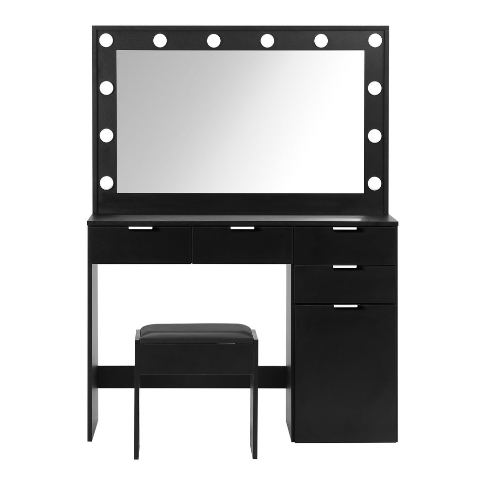 Dressing Table Stool Set Large Mirror 12 Bulbs Black