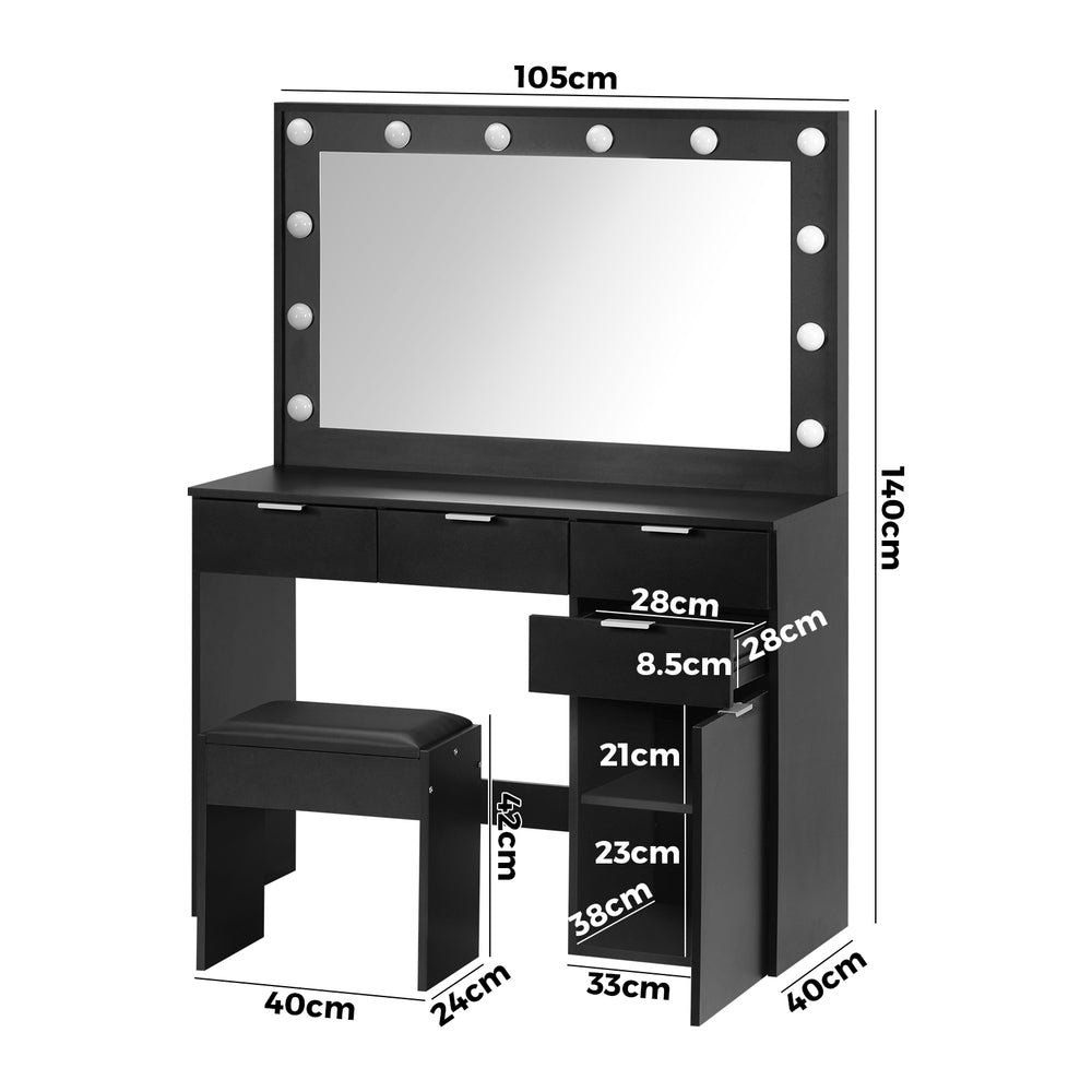 Dressing Table Stool Set Large Mirror 12 Bulbs Black