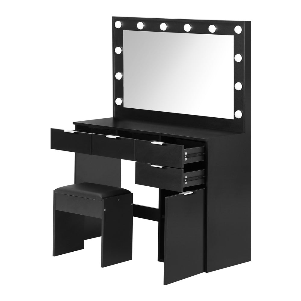 Dressing Table Stool Set Large Mirror 12 Bulbs Black