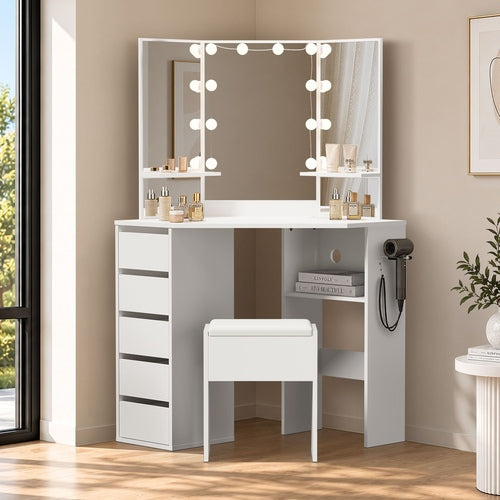 Oikiture Dressing Table Set Tri-fold Mirror LED Drawers Storage White