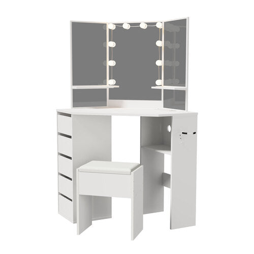Oikiture Dressing Table Set Tri-fold Mirror LED Drawers Storage White