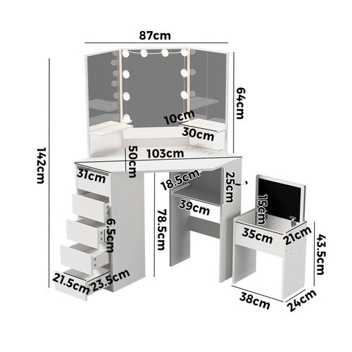Oikiture Dressing Table Set Tri-fold Mirror LED Drawers Storage White