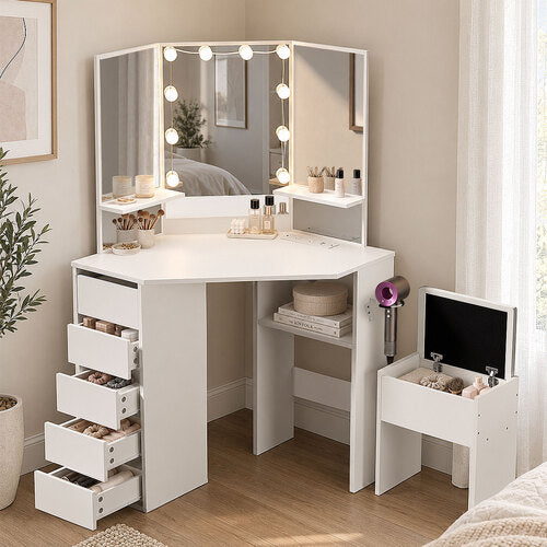 Oikiture Dressing Table Set Tri-fold Mirror LED Drawers Storage White