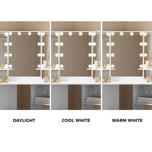 Oikiture Dressing Table Set Tri-fold Mirror LED Drawers Storage White