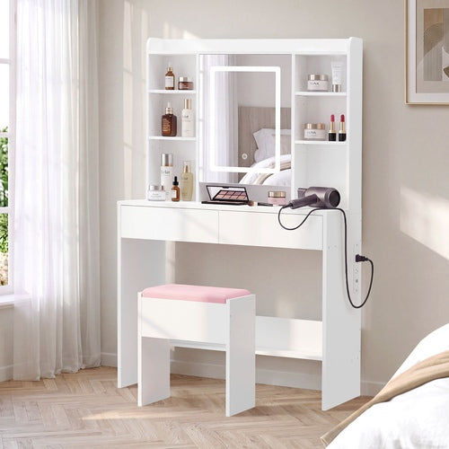 Oikiture Dressing Table Set Touch Control LED Mirror Charging White