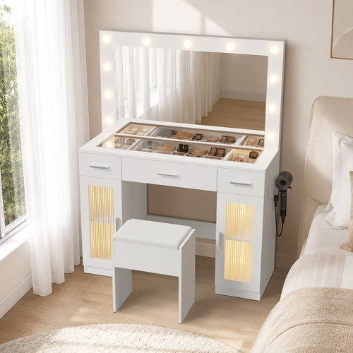 Oikiture Dressing Table Set 11 LED Bulbs Glass Top & Drawers White
