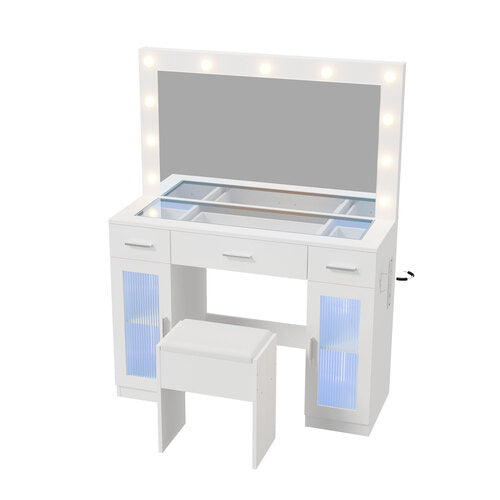 Oikiture Dressing Table Set 11 LED Bulbs Glass Top & Drawers White