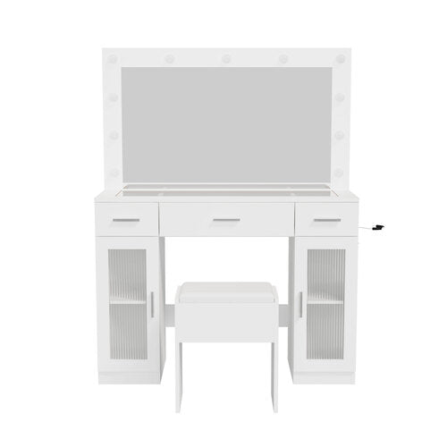 Oikiture Dressing Table Set 11 LED Bulbs Glass Top & Drawers White