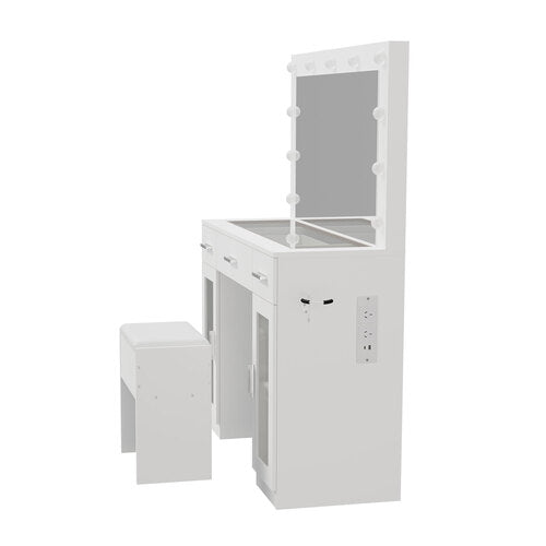 Oikiture Dressing Table Set 11 LED Bulbs Glass Top & Drawers White