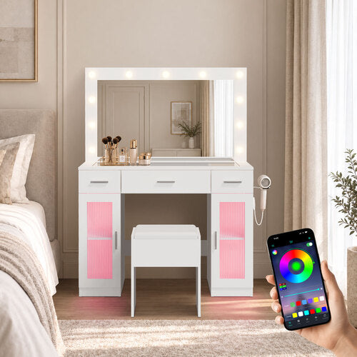 Oikiture Dressing Table Set 11 LED Bulbs Glass Top & Drawers White