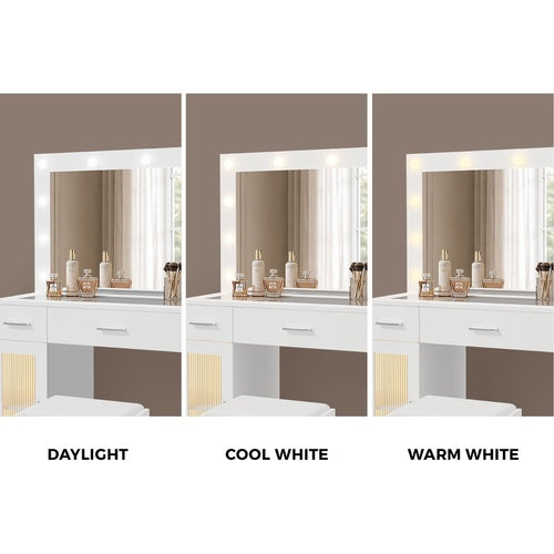 Oikiture Dressing Table Set 11 LED Bulbs Glass Top & Drawers White