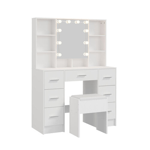 Oikiture Dressing Table Set 10 LED Bulbs Shelves 7 Drawers White