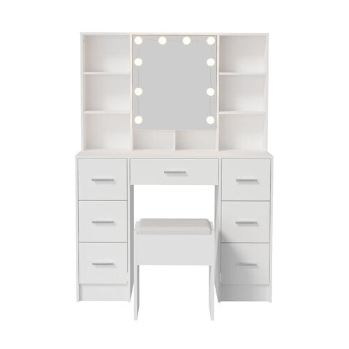 Oikiture Dressing Table Set 10 LED Bulbs Shelves 7 Drawers White