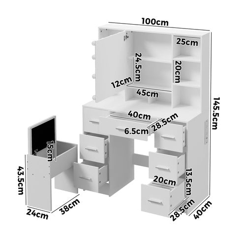 Oikiture Dressing Table Set 10 LED Bulbs Shelves 7 Drawers White