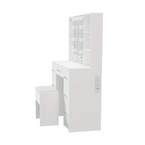 Oikiture Dressing Table Set 10 LED Bulbs Shelves 7 Drawers White
