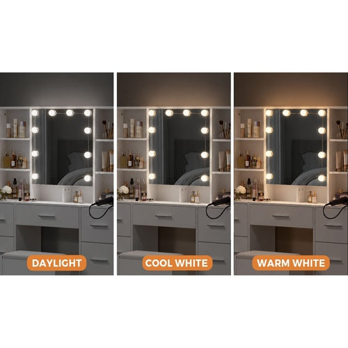 Oikiture Dressing Table Set 10 LED Bulbs Shelves 7 Drawers White