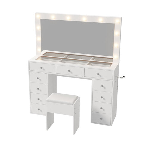 Oikiture Dressing Table Set LED Lights Glass Tabletop 11 Drawers White