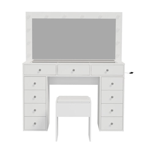 Oikiture Dressing Table Set LED Lights Glass Tabletop 11 Drawers White