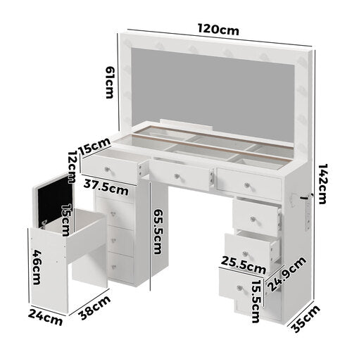 Oikiture Dressing Table Set LED Lights Glass Tabletop 11 Drawers White