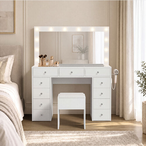 Oikiture Dressing Table Set LED Lights Glass Tabletop 11 Drawers White