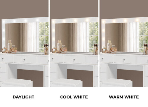 Oikiture Dressing Table Set LED Lights Glass Tabletop 11 Drawers White