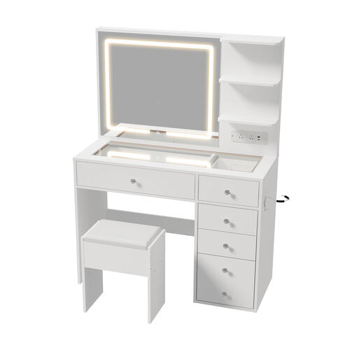 Oikiture Dressing Table Set LED Lights Glass Tabletop 5 Drawers White