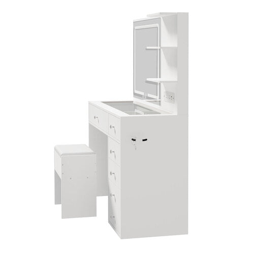 Oikiture Dressing Table Set LED Lights Glass Tabletop 5 Drawers White