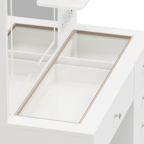Oikiture Dressing Table Set LED Lights Glass Tabletop 5 Drawers White
