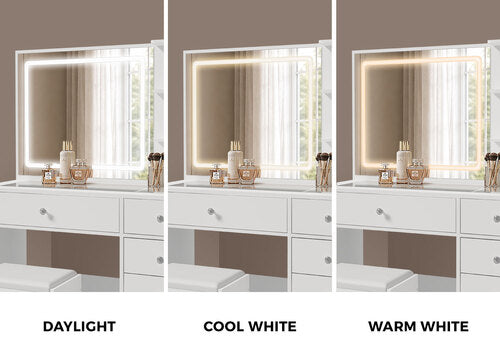Oikiture Dressing Table Set LED Lights Glass Tabletop 5 Drawers White