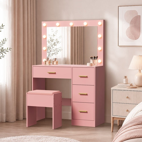 Oikiture Dressing Table Set Stool Storage LED Lights 4 Drawers Pink