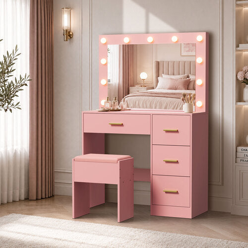 Oikiture Dressing Table Set Stool Storage LED Lights 4 Drawers Pink