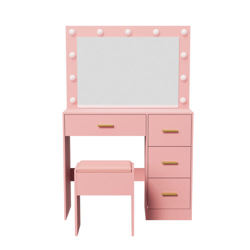 Oikiture Dressing Table Set Stool Storage LED Lights 4 Drawers Pink