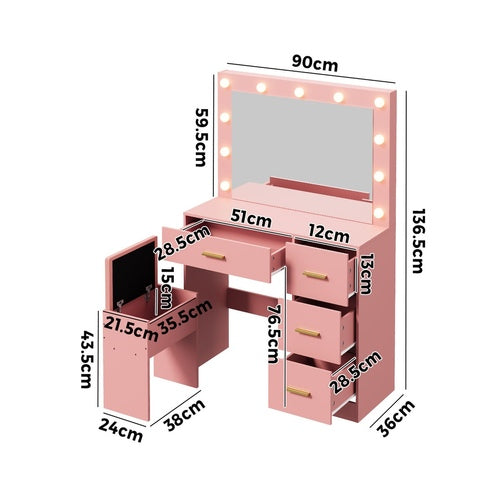 Oikiture Dressing Table Set Stool Storage LED Lights 4 Drawers Pink