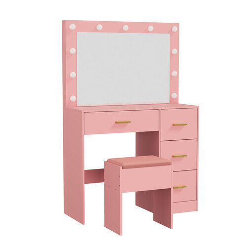 Oikiture Dressing Table Set Stool Storage LED Lights 4 Drawers Pink