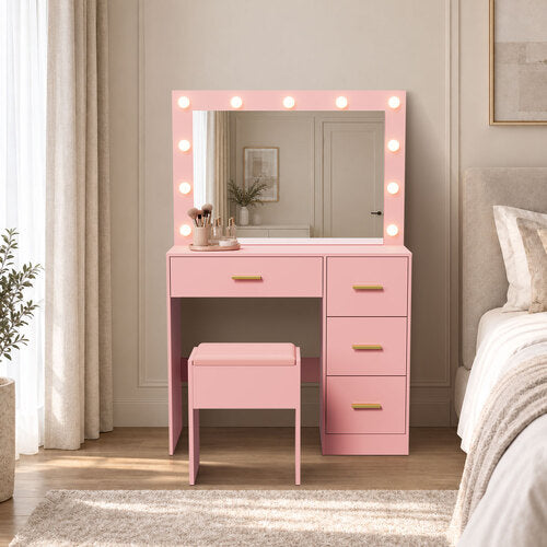 Oikiture Dressing Table Set Stool Storage LED Lights 4 Drawers Pink
