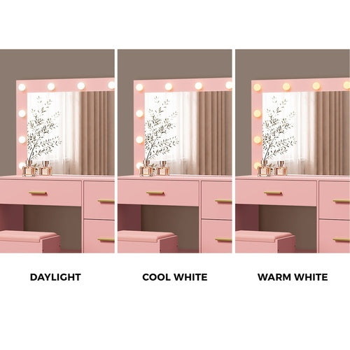 Oikiture Dressing Table Set Stool Storage LED Lights 4 Drawers Pink